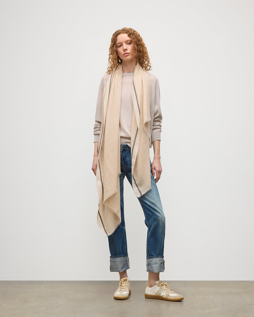 JOHNSTONS OF ELGIN IVES CHEVRON BORDER SCARF NATURAL 100% CASHMERE WA002446RU7701ONE
