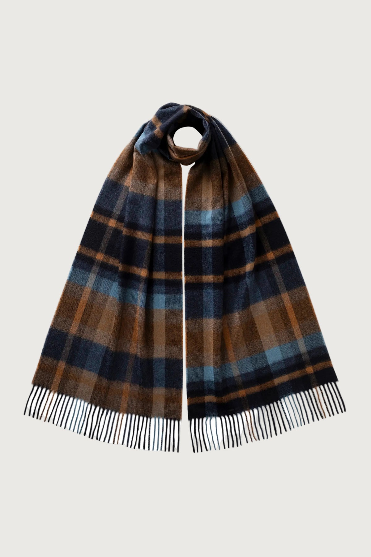Johnstons of Elgin AW25 Woven Accessories Vicuna & Navy Deco Block Check Cashmere Scarf WA000057RU7637ONE