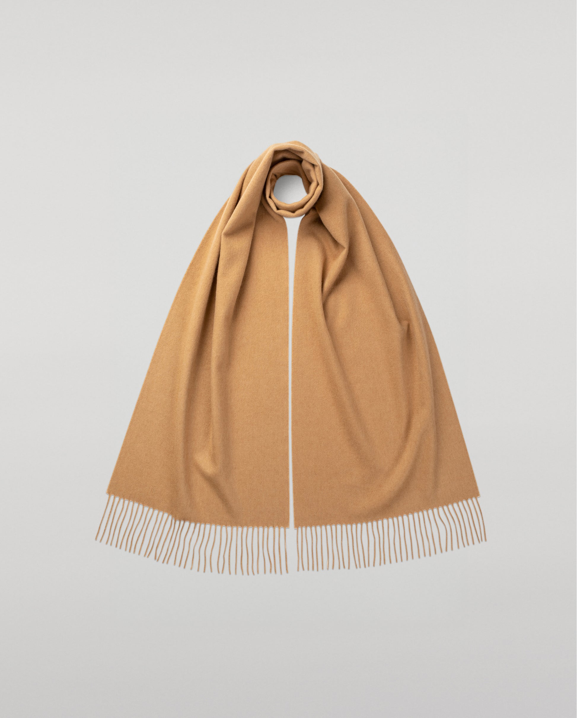 Johnstons of Elgin Oversized Cashmere Scarf in Camel on a white background WA000057HB4315ONE