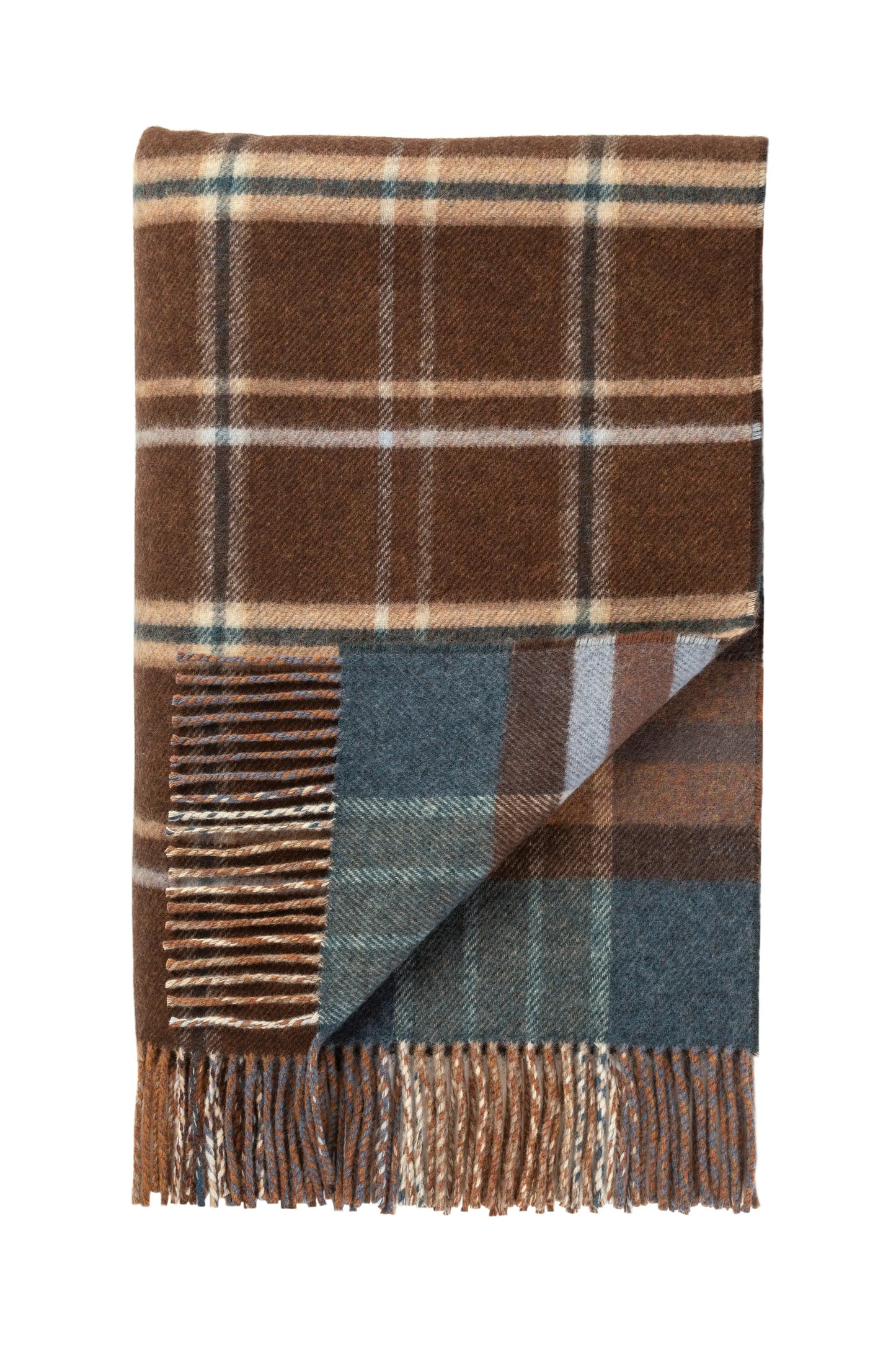 2025 Johnstons of Elgin Interiors Collection Heather Blue Check & Brown Windowpane Reversible Lambswool Throw on a white background  WD000021RU7427ONE