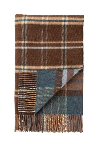 2025 Johnstons of Elgin Interiors Collection Heather Blue Check & Brown Windowpane Reversible Lambswool Throw on a white background  WD000021RU7427ONE