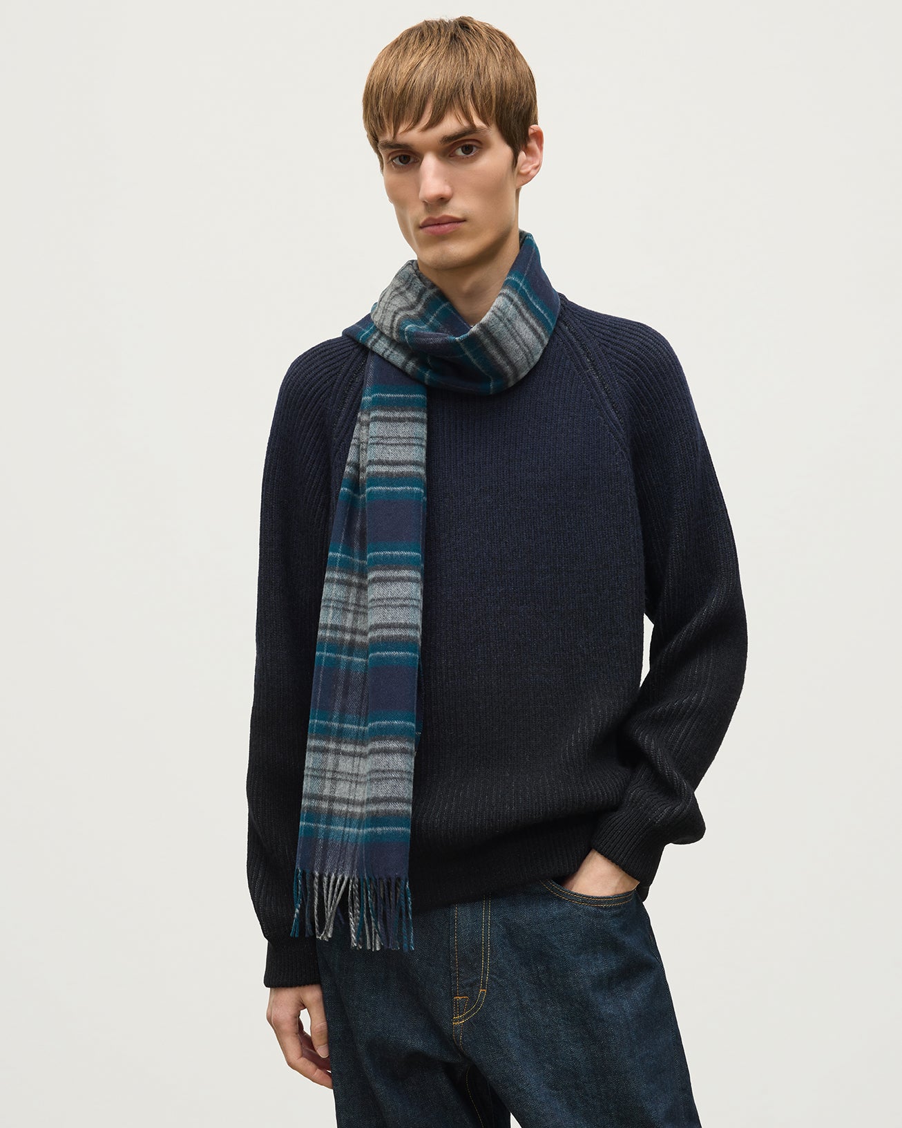 JOHNSTONS OF ELGIN VINTAGE CHECK MERINO SCARF NAVY MULTI 100% WOOL WDC01797RU7762ONE