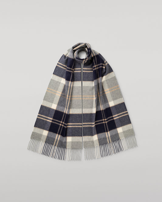 Johnstons of Elgin Ultrafine Merino Tartan Scarf in Silver Bannockbane on a white background WDC01797KU0499ONE