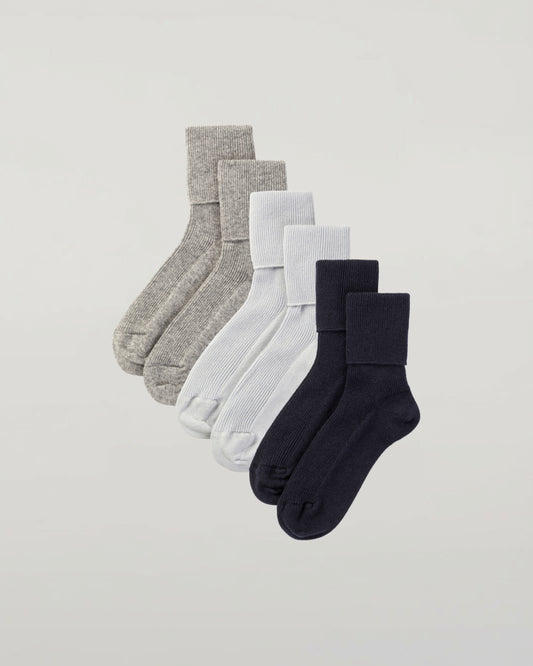 Johnstons of Elgin set of three pairs of cashmere socks in light blue, white, and navy on a white background 2025GIFTSET3B