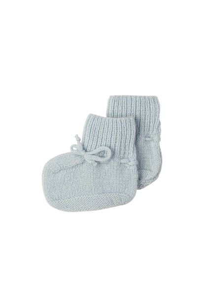 Johnstons of Elgin Hand Knitted Cashmere Baby Booties in Powder Blue on white background JA000114SD0167ONE