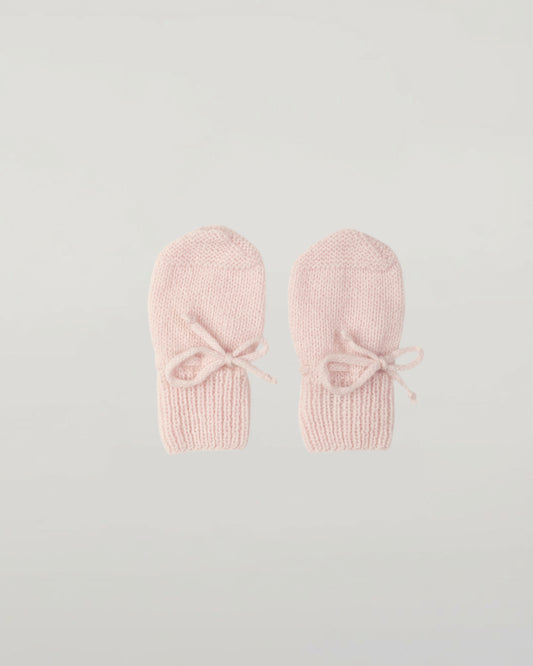 Johnstons of Elgin Hand Knitted Cashmere Baby Mittens in Blush on white background JA000108SE0208ONE